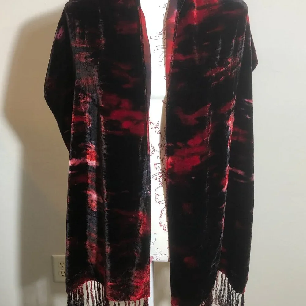 🖤 Crimson & Black Velvet Scarf – Silk Blend | Boutique Evening Luxe